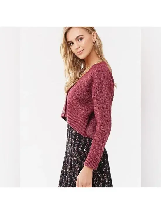 Forever 21 Berry Maroon Button Crop Cardigan- Size Small - Picture 6 of 7